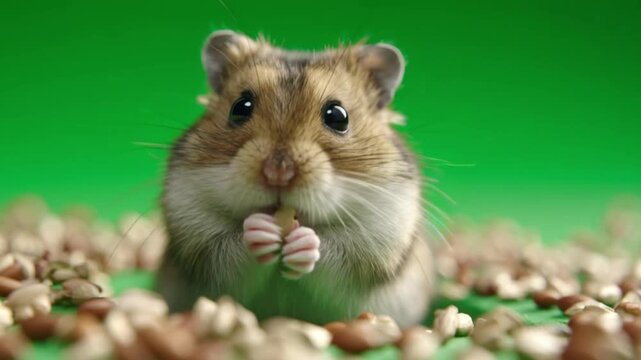 Hamster sniffing isolated on green screen. Golden dwarf hamster looking at camera on green background. Cute wildlife animal character. Pet portrait on chroma key backdrop. Playful Rodent. Wildlife