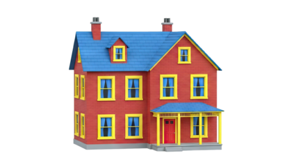 Red brick house with blue roof and yellow trim