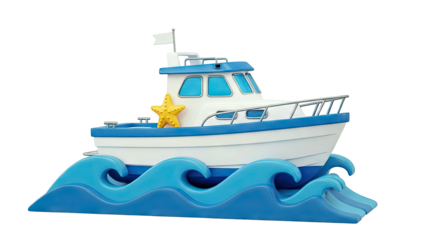 Cute Cartoon Boat with Starfish and Waves