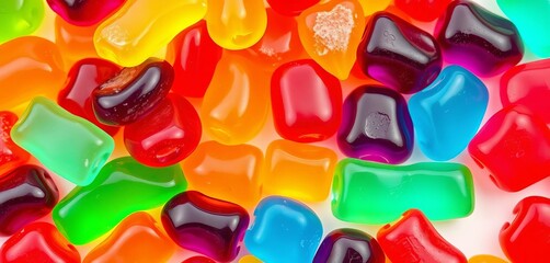 Assorted colorful gummy candies arranged on white background ,  happy,  digital art