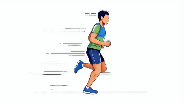 Athletic Man Running Fast in Blue and Green Athletic Wear