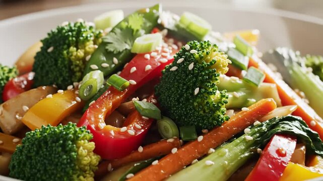 Fresh Vegetable Stir-fry Close Up - A close-up shot showcases a vibrant vegetable stir-fry. The colorful ingredients include broccoli, carrots, peppers, green onions, and snow peas, all tossed in a