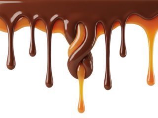 Ribbon chocolate caramel melt drip isolated realistic cutout high detail indulgence for food packaging