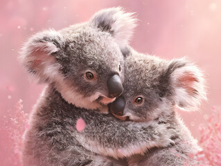 Naklejka premium Two Koalas Hugging with Pink Background animals wildlife