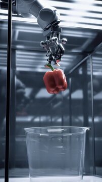 A sleek robotic arm precisely positions a vibrant red bell pepper over a clear lab beaker