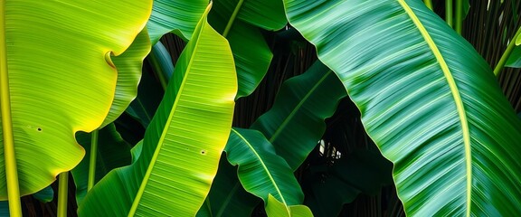 Large vibrant green banana tree leaves, tropical foliage, leaf texture, photography
