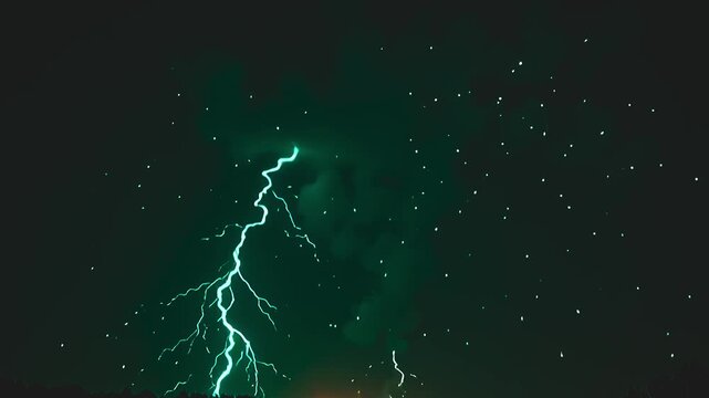 Bright arcs explode thunder flash edge, surging into vibrant shapes across a green background, with shimmering embers twinkling in a lively, electrified atmosphere at night.