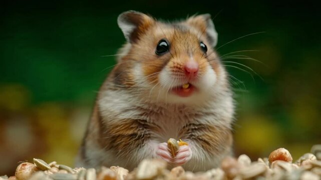 Hamster sniffing isolated on green screen. Golden dwarf hamster looking at camera on green background. Cute wildlife animal character. Pet portrait on chroma key backdrop. Playful Rodent. Wildlife