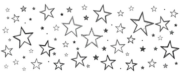 Whimsical, unevenly sized stars sketched in varying shades of grey and black on white background,  vintage,   illustration