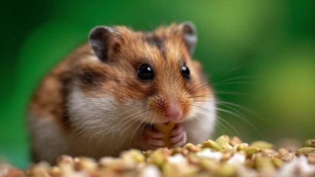 Hamster sniffing isolated on green screen. Golden dwarf hamster looking at camera on green background. Cute wildlife animal character. Pet portrait on chroma key backdrop. Playful Rodent. Wildlife