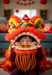 Happy child in vibrant lion dance costume for Lunar New Year celebration