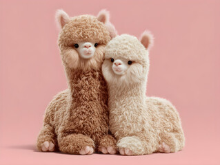 Two Stuffed Alpacas Sitting Together on Pink Background