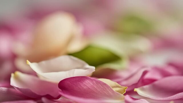 A romantic close-up view of delicate pastel pink and white rose petals scattered softly, rendered with a beautiful, extremely shallow depth of field.