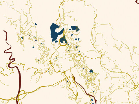Urban map of Catanzaro, Italy in a flat palette: minimal ivory map base with golden roads and dark red water bodies in a modern flat style