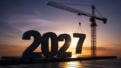 Construction Crane Lifting Number 7 to Form Year 2027 at Sunset - New Year Concept