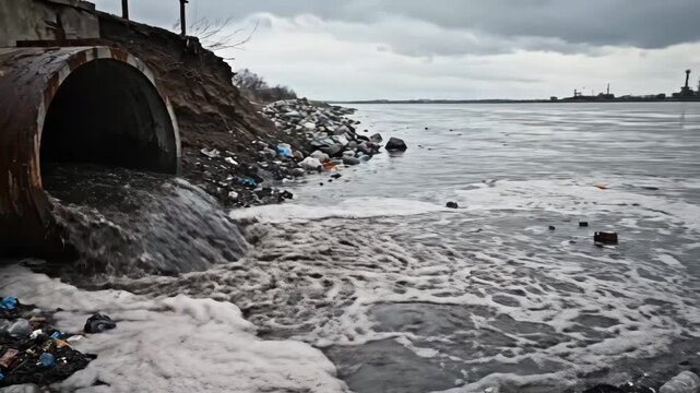 Polluted Water Flowing from Drainpipe - A rusty metal drainpipe empties polluted water into a body of water, causing foam and debris to accumulate on the surface.