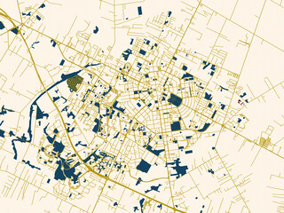 Fototapeta premium Poster-style map of Latina, Italy using gold street network with deep red water