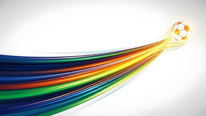 Fast soccer ball flying with a long trail of vibrant colorful light ribbons across a clean white background