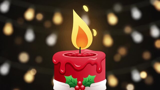 Red Christmas candle with holly decoration and lit flame.