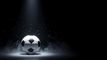 Classic black and white soccer ball under a dramatic spotlight with smoke effects on a dark background
