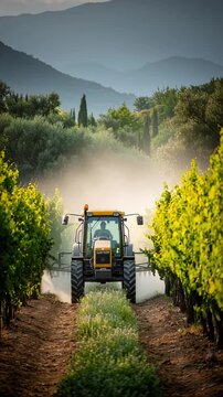A yellow tractor sprays misty liquid on lush green vineyard rows with hazy mountains behind