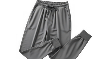 Gray athletic pants with elastic cuffs and waistband