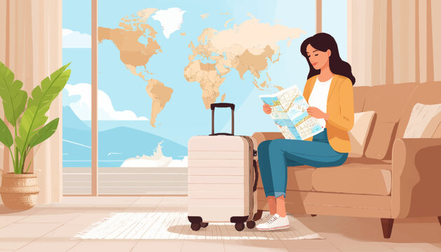 Thoughtful young woman meticulously plans her dream vacation, studying a world map and guide next to her packed suitcase, ready for global exploration and adventure