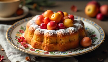 Delicious traditional easter paska cake with dried fruits on a decorative plate. Happy easter dessert, banner, oster for easter celebration, created with generative ai