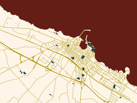 City map of Trani, Italy &ndash; midnight red and gold palette
