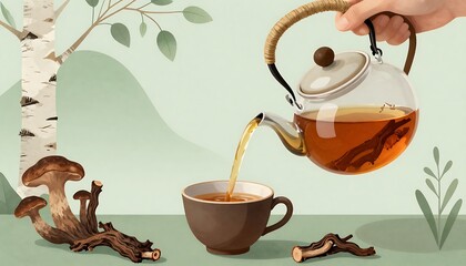 Healing tea from birch mushroom chaga is used in folk medicine, created with generative ai