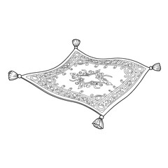 Detailed line art of a magic carpet with an intricate design and tassels on each corner
