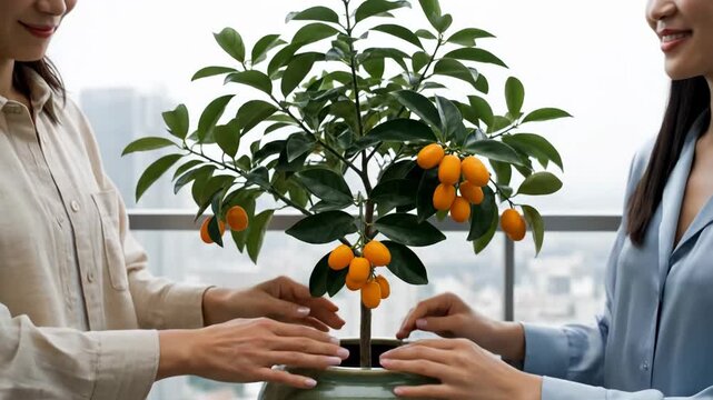 Two smiling women tend to a kumquat tree with bright orange fruits, hinting at Chinese New Year traditions.