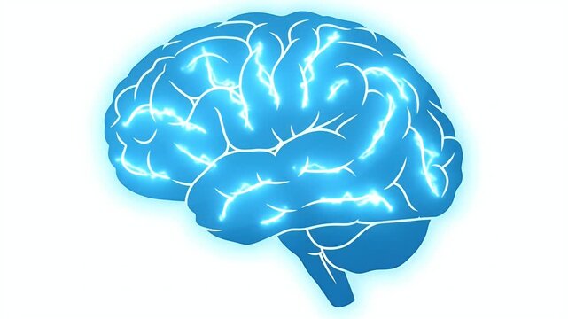 Blue Brain With Electrical Activity Motion Graphic On White Background
