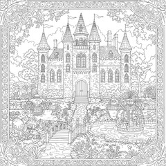 Obraz premium Ornate castle's detailed garden & border in line art for coloring, intricate patterns