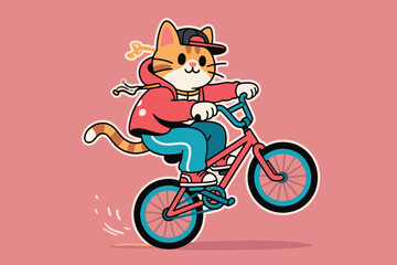 Fototapeta premium Cartoon cat doing wheelie on red BMX bike in red hoodie and backward cap on pink background.