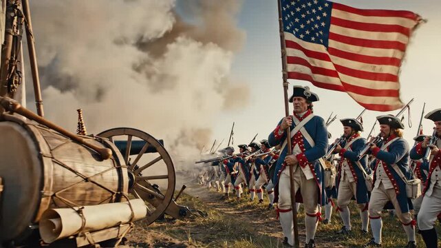 American Revolutionary War Battle Scene - This video shows a reenactment or movie scene depicting American Revolutionary War soldiers in uniform firing muskets and holding the American flag during a