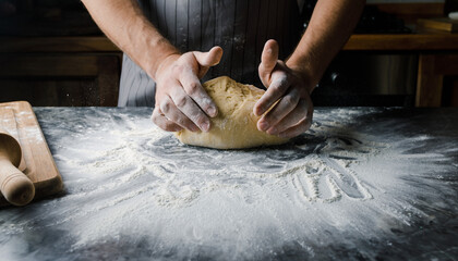 Closeup of hands kneading dough on a floured surface preparing homemade bread or pastry.