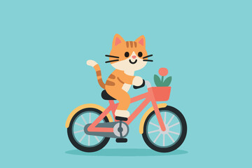 Fototapeta premium Cartoon orange tabby cat riding pink bicycle with flower pot in basket on light blue background.