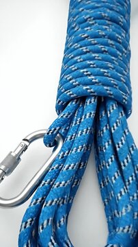Blue Climbing Rope With Metal Carabiner On White Background Close Up