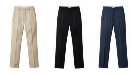 three pairs of mens formal trousers in different colors