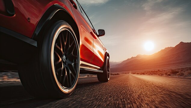 Red SUV on desert road with sun setting in background