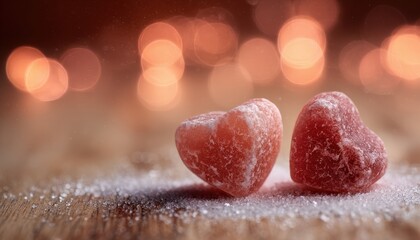 Fototapeta premium Two sugary heart-shaped candies rest on a surface with warm, glowing lights in the background