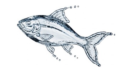 Fototapeta premium Artistic depiction of a fish made from water, isolated on white background.