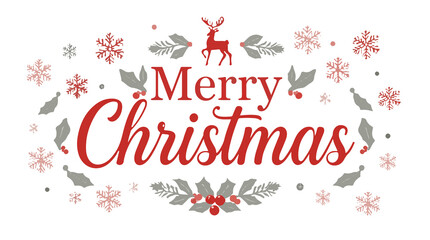 Template Festive Christmas design with red 'Merry Christmas' text, snowflakes, and holly leaves. Christmas theme with a reindeer silhouette