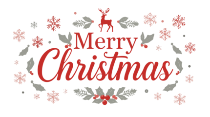 Template Festive Christmas design with red 'Merry Christmas' text, snowflakes, and holly leaves. Christmas theme with a reindeer silhouette
