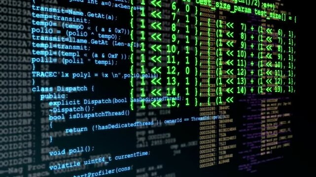 Abstract Digital Programming Code and Cybersecurity Hacking Interface with Glowing Green Script on Dark Background for Software Development and Tech Concepts