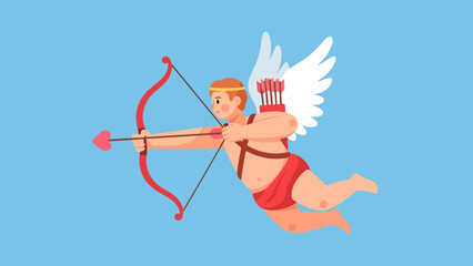 Fototapeta premium Cherubic Figure with Bow and Arrow Aiming Directly Forward Against a Clear Blue Sky Background Ready to Launch a Love Arrow