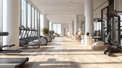 Modern fitness center with various exercise equipment and ample natural light - Powered by Adobe