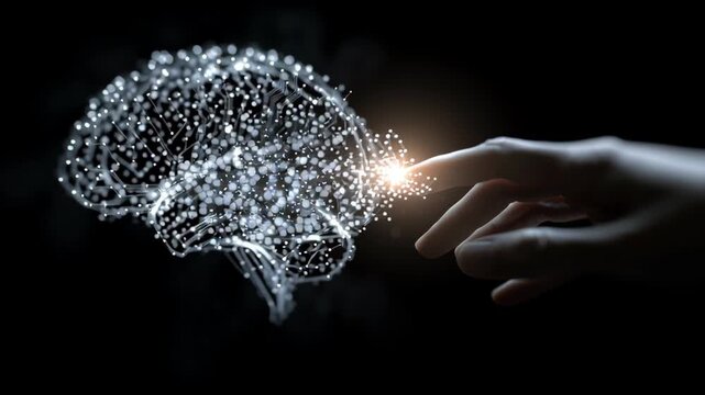 Glowing digital brain circuit connection with human finger showcasing technology intelligence value