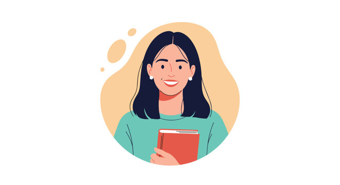Portrait of a smiling young woman with dark hair holding a red book, representing a student, teacher, or avid reader.